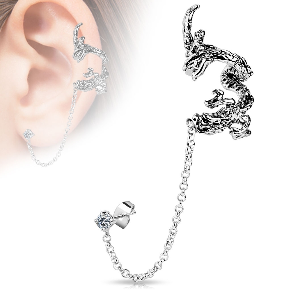 Flying Dragon Design Ear Cuff with Chain Linked Clear CZ set Stud Ear Rings